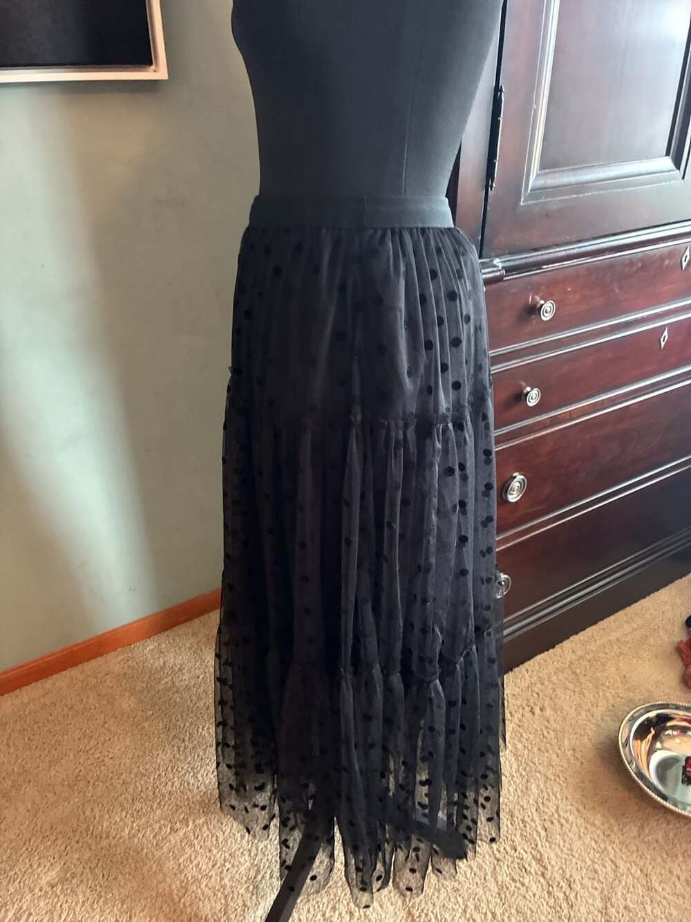 Amber Sky Black Tiered Mesh Midi Skirt with Polka Dot Pattern Sz M A664